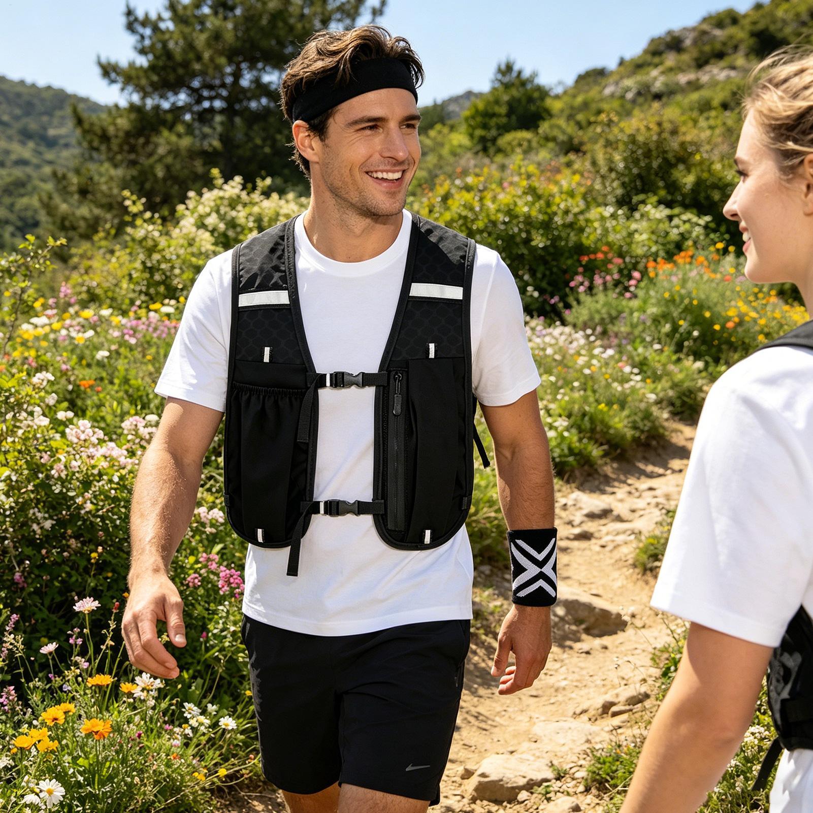 Running Gear Hydration - เสื้อกั๊กวิ่งเพื่อความปลอดภัยพร้อมอุปกรณ์จ่ายน้ำแบบสปอร์ต พร้อมที่คาดศีรษะและสายรัดข้อมือ เสื้อกั๊กวิ่งสำหรับผู้ชาย ผู้หญิง สำหรับกิจกรรมกลางแจ้งและวิ่งเทรล