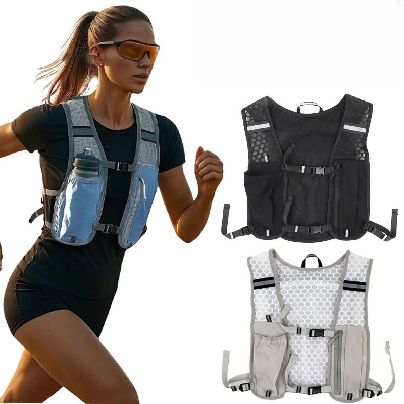 Running Gear Hydration - เสื้อกั๊กวิ่งสะท้อนแสงน้ำหนักเบาแบบใหม่สำหรับปั่นจักรยานและเล่นกีฬา พร้อมช่องใส่ขวดน้ำ ช่องเก็บโทรศัพท์ และกระเป๋าเป้สะพายหลังสำหรับกิจกรรมกลางแจ้ง